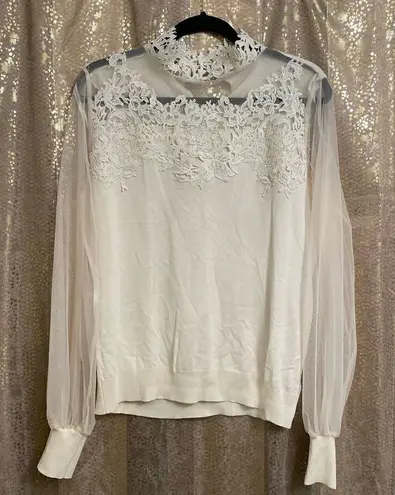 Adiva Ivory Crochet White Lace Mesh Sleeve Long Sleeve Sweater/Top, XL - Image 1