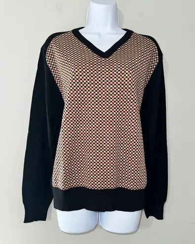Messagerie Womens V Neck Sweater 100% Merino Wool Long Sleeve Checkered Black Size M