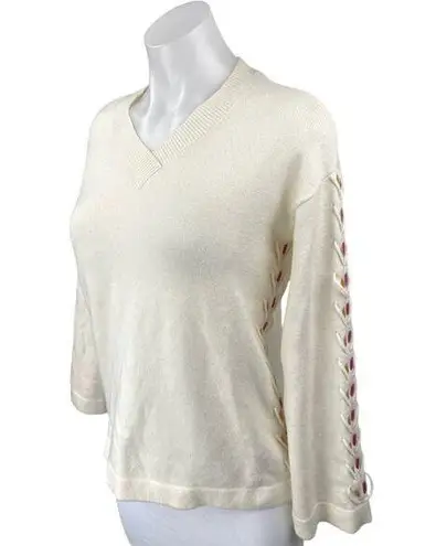 Charlie B Women's Cream White Knit Lace Up Long Sleeve V