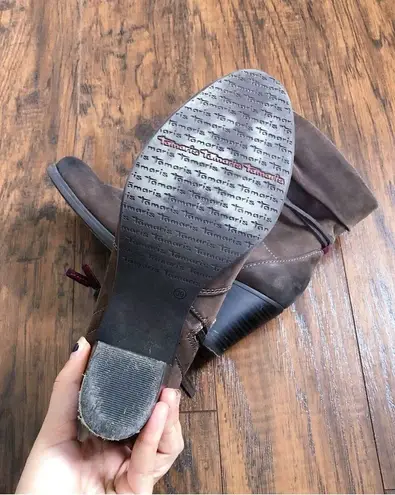 Tamaris • Lizudi ankle boots brown leather booties heeled fleece lined tassel Size 7.5