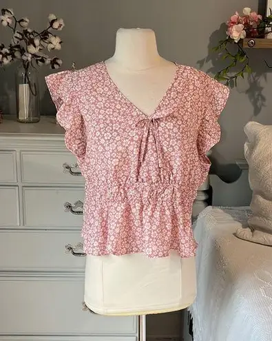 Planet Gold  Pink Rose Floral Top V Neck Blouse Womens XL New Flutter Sleeve