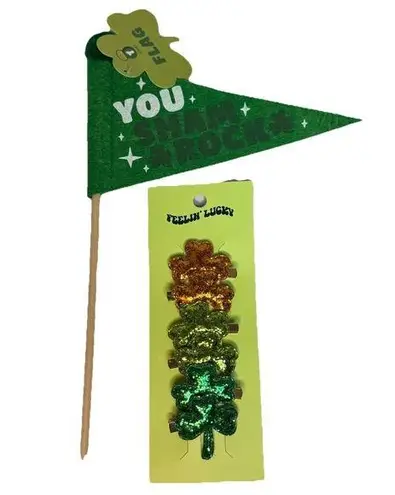 6 Glitter Green & Orange Clover Hair Clips And You Sham Rock Flag New!