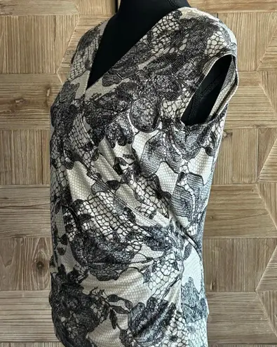 Vintage Vol.1 Wrap Top Sz PL Beige Black Lace Print Cap Sleeve Office