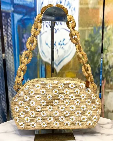 Sézane Isabelle Raffia Embroidered Daisy Bag Chain Flowers Cream White EUC
