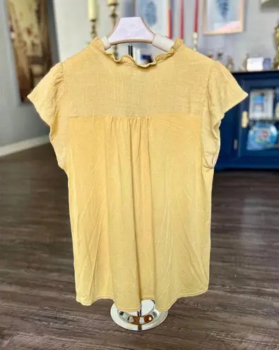 Yellow Flower Embroidered Cap Sleeve w/Ruffles Blouse Size L