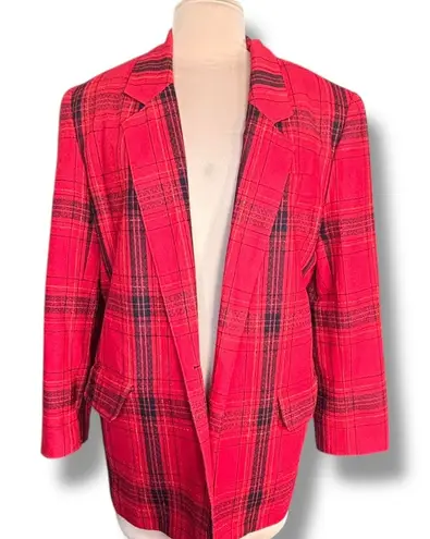 Vintage 90s Leslie Fay Red Plaid Blazer Oversized 90s Tartan Jacket Gold Buttons Size M