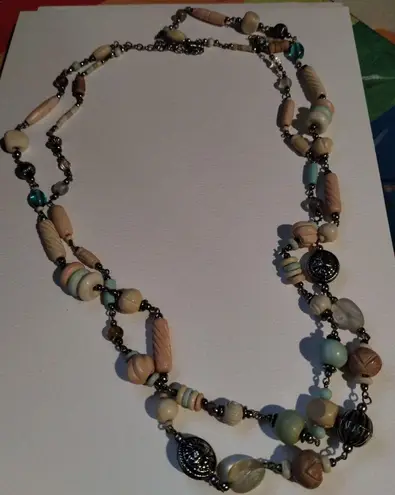 Gypsy Boho Bohemian Beaded Stones Double Strand Beach Silver Tone Necklace Tan