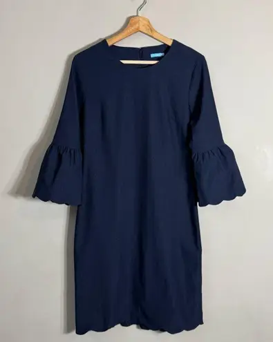 J. McLaughlin Elle Sheath Dress Women's 4 Navy Scalloped Hem Bell Sleeves Career