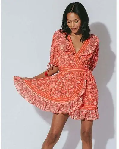 Cleobella Blair Tassel-Cuff Ruffle Short Sleeve Mini Dress Floral Orange Small S