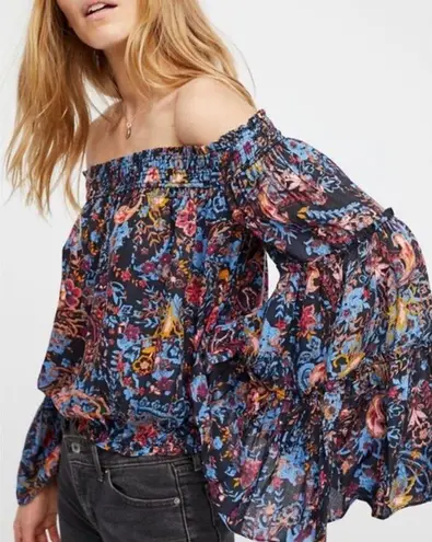 Free People Free Spirited Off The Shoulder Top Bell Sleeve Boho Floral Blouse XS