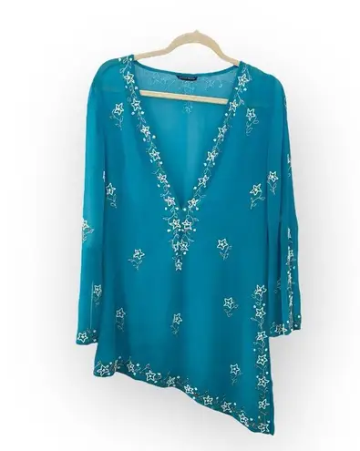 Boston Proper ♔ Chiffon Crystal Bead Embellish Kimono Sleeve Swim Coverup ♔ Aqua
