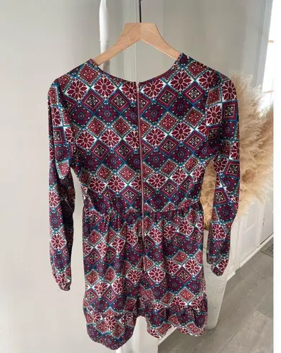 One Clothing  Moroccan Print Long Sleeve Mini Dress Small Floral Burgundy Fall