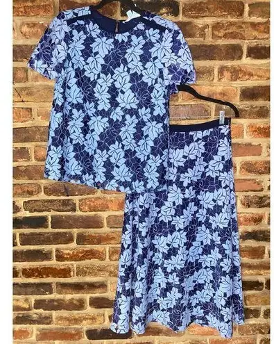 Draper James Blue Floral Lace Short Sleeve Blouse Midi Skirt Set Women's Size 6