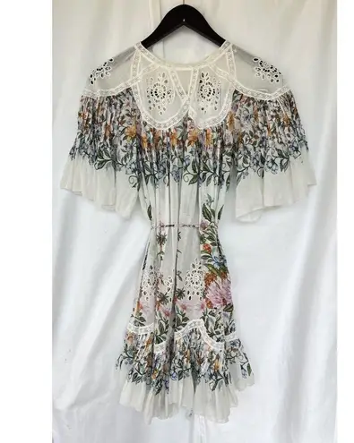 Farm Rio Sweet Bloom Dress Small Mini Bouquet Short Sleeve Eyelet Lace Garden