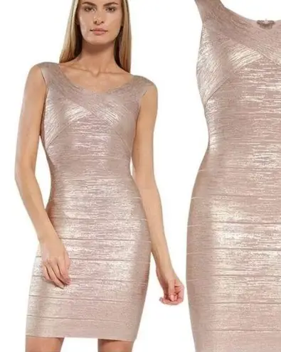 Herve Leger NWT Hervé Léger Criss Cross Rose Gold Foil Off The Shoulder Bandage Dress