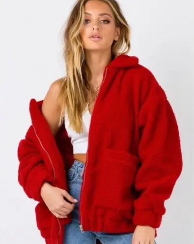 I am gia  Pixie Oversized Teddy Sherpa Full Zip Jacket Fleece Coat Red Medium