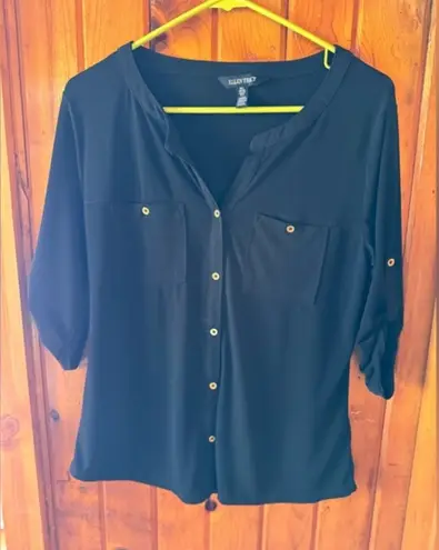 Ellen Tracy Blouse Top Button Down 3/4 Sleeve Career Black Size Medium