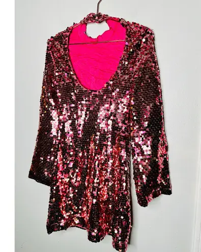 Maeve ANTHROPOLOGY Pink Sequin Mock Neck Bell Sleeve Mini Dress NWT Size XS