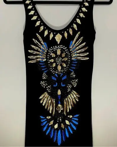 Arden B Mini Dress XS Black Tank Top Gold Sequin Blue Embroidered Jersey Knit