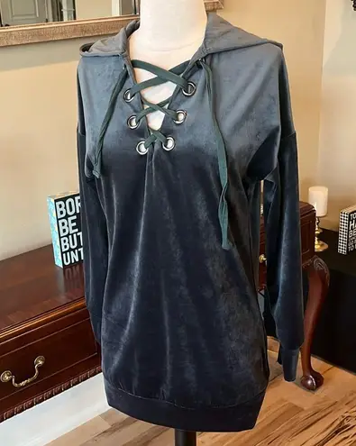 Oversized Velour Tunic Top Charcoal Gray Womens Small Hoodie Pullover