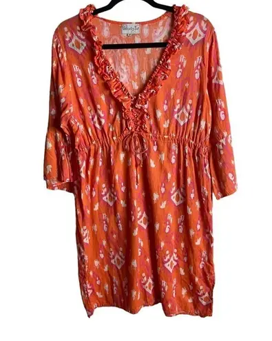 Mud Pie  Bag Lady Size Medium Linen Dress Orange Pink Sinched Waist Beachy Costal