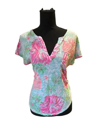 Lilly Pulitzer  100% Linen “The Duval” Floral Print Short Sleeve Top Size Small