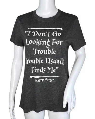 Harry Potter Shirt Womens Small Gray White Graphic Tee Trouble Geek Movie Nerd