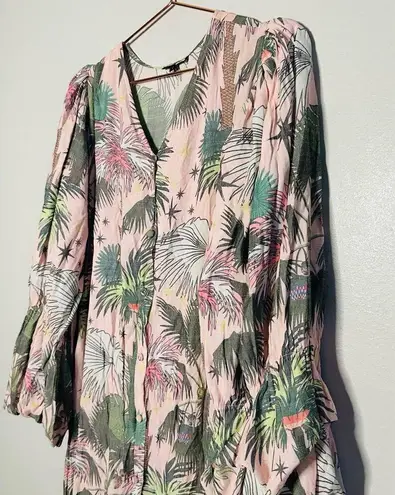 LoboRosa Pink Floral Puff Sleeve Palms Button Front Up Dress Size Large