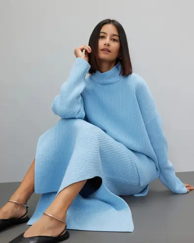 Suboo Sweater Womens Large Blue Isla Oversized Knit Turtleneck Cozy