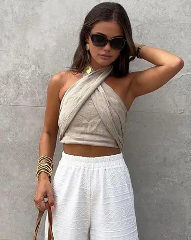 Commense Cotton & Line Crisscross Halter Tank Top size large Tan