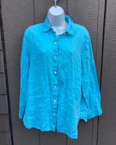 J. Jill Love Linen 100% Aqua Blue Relaxed Button upShirt women size small