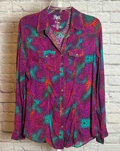 Rock 47 by Wrangler Multicolor Neon Leopard Snap Shirt Women's L Rodeocore Glam Pink Size L - Image 1