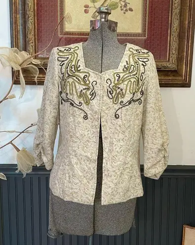Coldwater Creek Beaded Scroll Embroidered Cream Open Ruched Jacket - Sz 10P 💚🎀