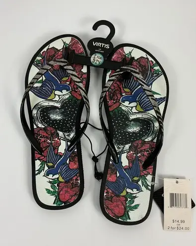 Virtis Women's Flip Flops Black Tattoo Rose Bird Heart Sandal Size M 7/8