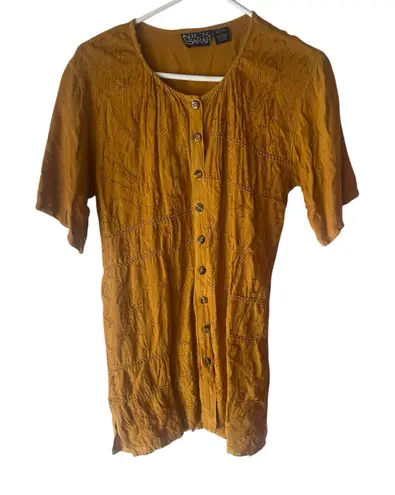 Nick & Sarah Vintage 90s Large Yellow Embroidered Grunge Boho Button Up Top