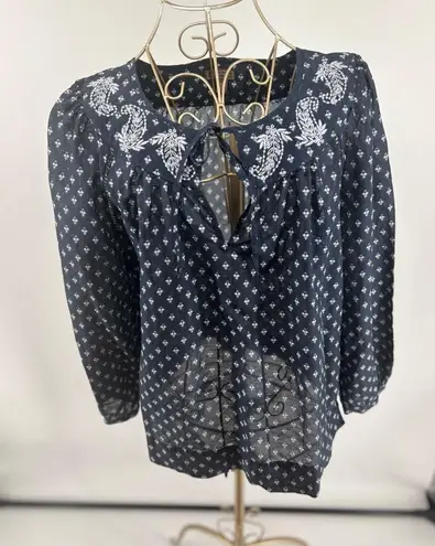 JCREW Point Sur embroidered block print peasant top Navy Women’s Size XS