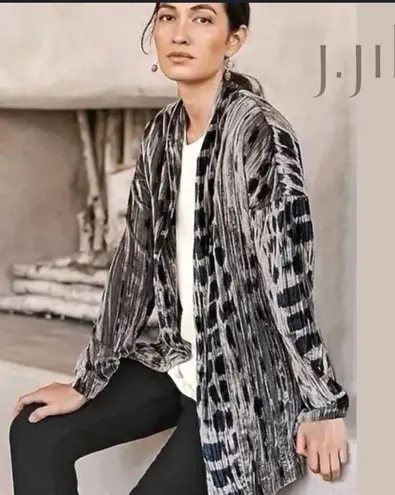 NEW J. JILL SHIBORI PRINT CRUSHED VELVET OPEN FRONT CARDI GRAY NAVY JACKET S T
