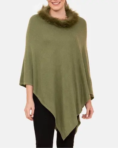 NWT La Marey 100% Cashmere Poncho Sweater Faux Fur Trim One Size Olive Green NEW