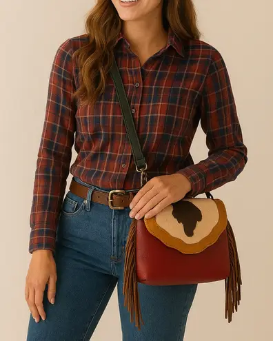 Genuine Leather Cowhide Red Crossbody Bag Brown Fringe Western Boho Womens Purse