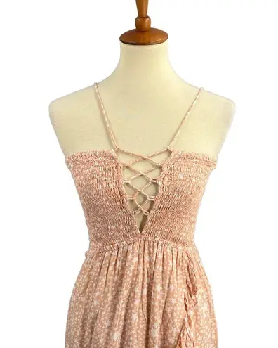 Tiare Hawaii Dress Pink Star Print Lace Up Ruffled Maxi Vacation Summer One Size