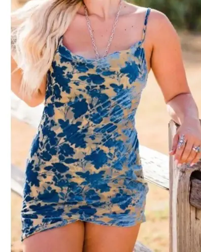 Cloud Ten Blue Tan Burnout Velour Mini Dress Cowl Neck Spaghetti Straps Sz Large