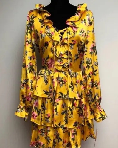 Avec Les Filles  Tiered Satin Ruffle Dress, Multi Yellow Gold Size 6 Retail $158