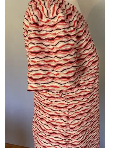 ECI VTG Maxi Dress Sz LG Red Brown Pucker Knit Striped Short Cap Sleeve Retro