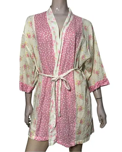 Eloise Women’s Size S M Cream Ivory Pink Floral Cotton Belted Short Robe Size M