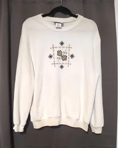 Logix Women's Large Sweater, Vintage Floral Embroidered Beaded Sweater, Flower White Size 12