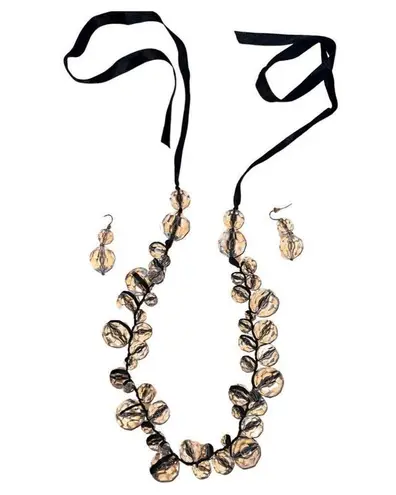 Statement Lucite Crystal Beads Earrings Necklace Choker Set Jewelry Ribbon Tie Black