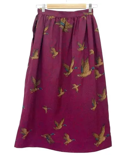 Vintage Deans of Scotland Wool Midi Skirt Burgundy Mallard Ducks Size 6 UK 2 US Red