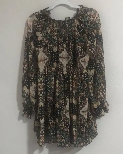 Aakaa Size S Floral Tassel Tie Neck Mini Babydoll Boho Dress