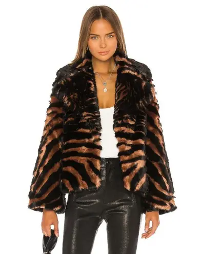 New Revolve Unreal Fur “Madam Purr” Faux Fur Striped Jacket Black & Orange Sz L Size L