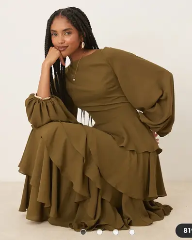 Pretty Lavish Beatris lace up back ruffle maxi dress in deep olive Green Size 4